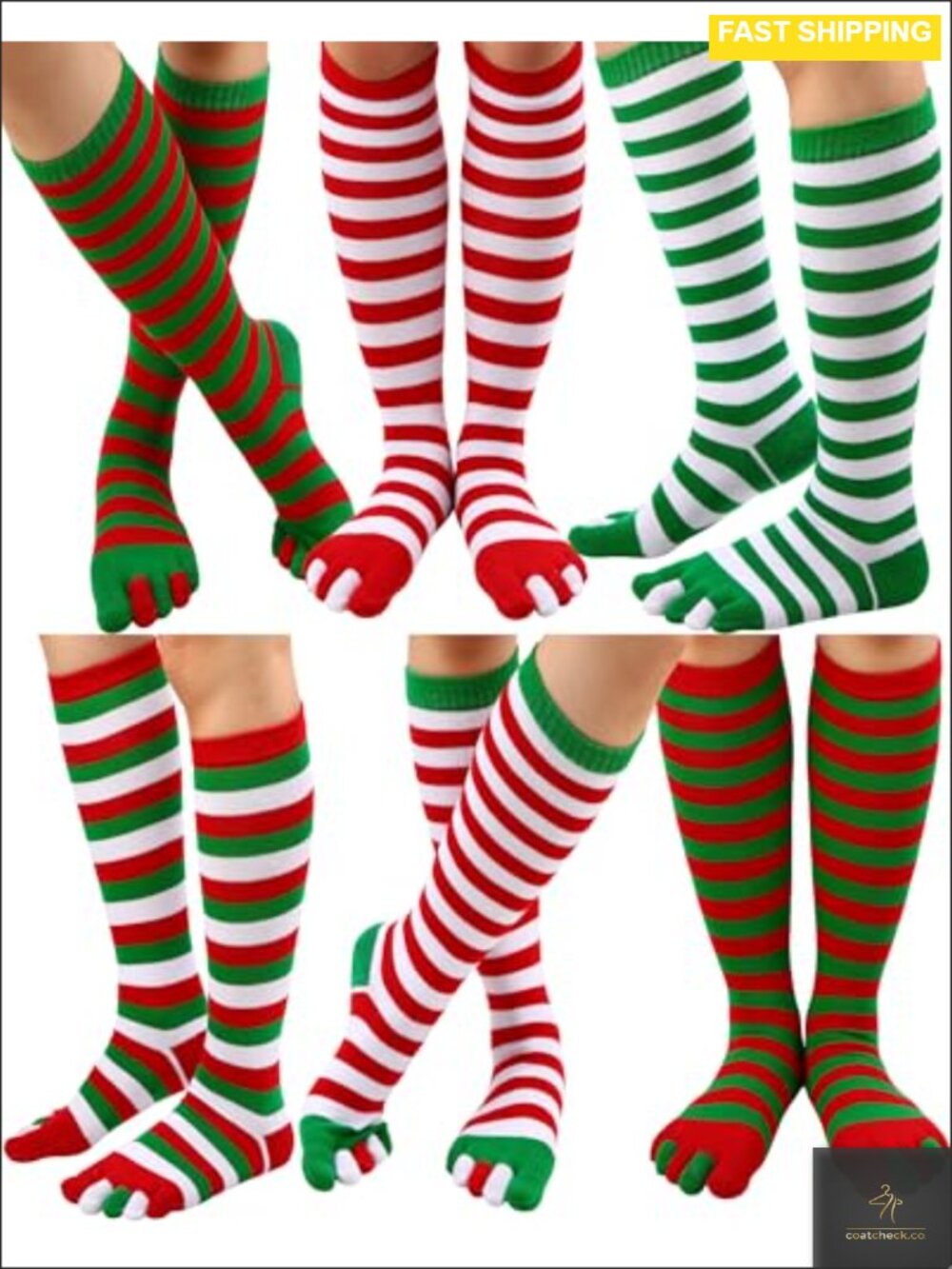 Knee High Toe Socks 6 Pairs Cotton Polyester Striped Womens